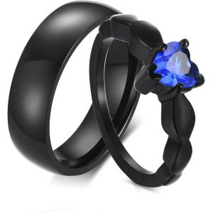 Yemaesre-Bagues En Acier Inoxydable Couple, Bague Fiançailles Femme Et Homme Bague Noire 6mm Coeur Zircon Cubique Bagues Taille 52-67 - Neuf