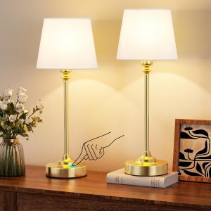 2 Pièces Lampe De Chevet Tactile, Led Lampe De Table Sans Fil Batterie Rechargeable, Variateur Continu, Abat-Jour En Lin Blanc, Pour Chambre À Coucher Salon Cuisine Décoration(Laiton) - Neuf