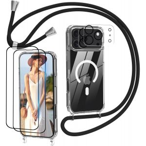 JGD-Magnétique Coque avec Cordon pour iPhone 17 Pro Max Magsafe, 2 Verre Trempé et 2 Caméra Protecteur, Transparent Collier Réglable Téléphone Étui Lanyard Protection Complète - Neuf