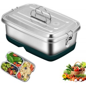 Boîte À Déjeuner En Acier Inoxydable De 2 L Avec Couvercle Anti-Fuite Avec Clip De Verrouillage, Boîte À Déjeuner Portable En Métal Avec Deux Couches Et 3 Compartiments, Boîte À Déjeuner Sans Bpa Pou - Neuf