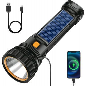KALANKA-Torche Lampe De Poche LED Solaire, 1200 Mah Rechargeable, Avec Chargeur USB, Flashlight IPX4 Étanche 3 Modes Lumière Pour Camping, Randonnée, Urgence - Neuf