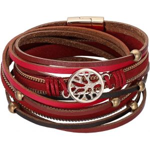 Kal-Bracelet Multi-Rangs Cuir Motif Arbre De Vie Perles Alliage Fermoir Magn&eacute;tique Bracelet Manchette Boh&ecirc;me Personnalisable Pour Femme Fille Cadeaux Fantasie Anniversaire Festivals - Neuf