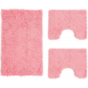 Set De Tapis De Bain 3 Pi&egrave;ces En Microfibre,Tapis De Sol Long 50 X 80 Cm,2 Tapis De Wc Et Water Forme Rectangulaire 40 X 50 Cm,Doux,Antid&eacute;rapant,Rose - Neuf