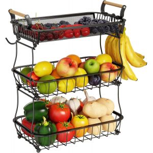 Tianyi-Panier &Agrave; Fruits &Agrave; 3 Niveaux Avec 2 Cintres Pour Bananes, Panier &Agrave; Fruits Et L&eacute;gumes Pour Comptoir De Cuisine, Panier En Maille M&eacute;tallique, Support De Fruits Pour Oignons, Collations Et L&eacute;gumes - Neuf