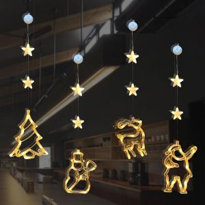 Jgd-4 Pi&egrave;ces Rideau Lumi&egrave;res,Guirlande Lumineuse Fen&ecirc;tre No&euml;l &Eacute;toile,Led Lumi&egrave;res De Ventouse,P&egrave;re No&euml;l Arbre De No&euml;l Bonhomme De Neige Renne,Lumineuse D&eacute;coration Fenetre Pour Partie,Mur, Balcon(Long - Neuf
