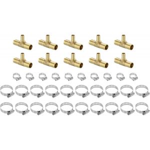 NouvelHorizonstore-10Pcs Raccords de Tuyau en Laiton, T&eacute; 3 Voies 3/4"" Barb&eacute; x 1/2"" Barb&eacute; x 3/4"" Barb&eacute; R&eacute;ducteur de Tuyau, T&eacute; en Laiton Barb&eacute; R&eacute;ducteur avec 30Pcs Colliers de Serrage Carburant Air - Neuf