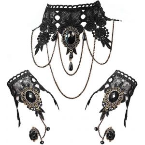 Eryi-Tour De Cou Noir Collier De Dentelle Avec Bracelet Punk Party Gothique Vintage Bracelet Esclave Rétro Lolita Fait Main Bracelet Pour Femme, Métal, Strass, Métal, Strass, Métal, Strass, Métal, - Neuf