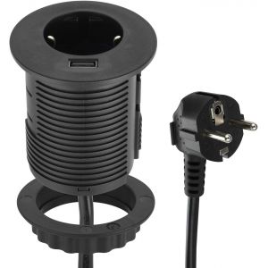 Prise Fast Charge Passe Standard, &Oslash; 60 mm (Prise encastrable sur Table Schuko), c&acirc;ble 2 m, Noir, 1 Steckdose + 1 USB A - Neuf