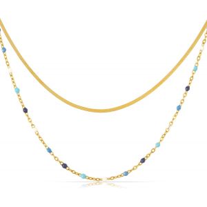 Collier Ras Du Cou Double Rang&eacute;e Pour Femme En Or En Forme De Serpent Et Avec Perles Fermoir Mousqueton Robuste Bijou Boh&egrave;me Cadeau Pour Elle 40 + 5 Cm De Longueur, Acier Inoxydable - Neuf