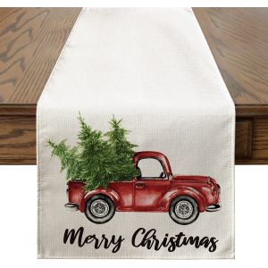 Nappe De No&euml;l Rouge &Agrave; Motif Voiture, 33 X 180 Cm, Nappe Rectangulaire Lavable, Id&eacute;ale Pour Les Pique-Niques, Les F&ecirc;tes Et La D&eacute;coration De Table De No&euml;l. - Neuf