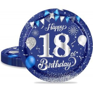 16 Pièces Assiette Pour Fête Anniversaire 18 Ans,9 Pouces/23cm Bleu Argent Papier Assiette Dessert Plateau Vaisselle Pour Décoration Anniversaire 18 Ans Homme Femme - Neuf