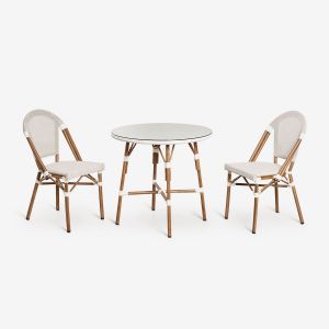 Ensemble Table Ronde Ø80 Cm Et 2 Chaises De Salle À Manger Empilables En Aluminium Brielle Bistro Blanc Gardenia - Neuf