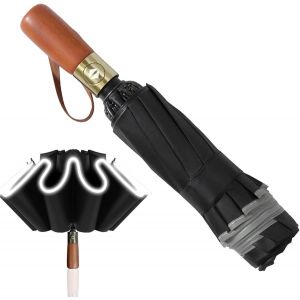 Parapluie Pliant Automatique, Parapluie Invers&eacute; 10 Baleines Pour Homme Femme, R&eacute;fl&eacute;chissant R&eacute;sistant Au Vent, Diam&egrave;tre 104 Cm Mit Poign&eacute;e En Bois Veritable Luxueux - Neuf