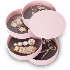 Boîte de rangement pour bijoux, support pour boucles d'oreilles, pour femme, plateau rotatif à 4 niveaux avec couvercle pour bracelets, bagues, bracelets, rose - Neuf