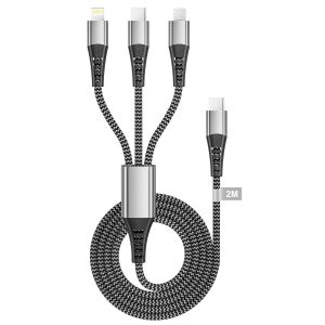JGD-100W Cable Multi Chargeur 2M, 3 en 1 Cable USB C Charge Rapide C&acirc;ble Universel Nylon Cable Chargeur Multi Embout avec Micro USB Type C Lightning C&acirc;ble pour iPhone,Samsung Galaxy,Android,Huawei, X - Neuf
