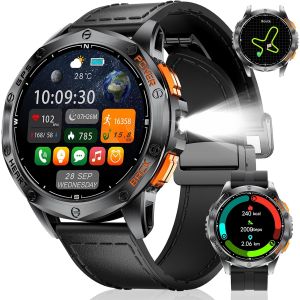 GPS Montre Connect&iquest;&iquest;e Hommes, Appels Bluetooth, Lampe Torche LED, 1,43"" AMOLED Smartwatch avec 100+ Modes Sportifs, Boussole/Barom&iquest;&iquest;tre/Altim&iquest;&iquest;tre, pour iOS et Android, Cuir Noir - Neuf