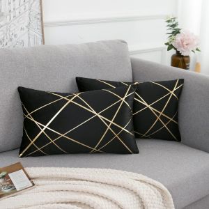 Kalanka-Velours Housse De Coussin 30x50 Cm Coussin Noir D&eacute;coratifs Housses D'oreiller Lignes Dor&eacute;es G&eacute;om&eacute;trie Coussin Salon Chambre Banc Taie Coussin Canap&eacute; Hivernal Coussin Lombaire Lot De 2 - Neuf