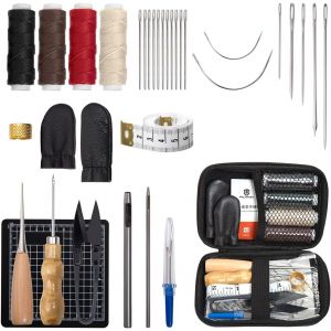 Yemaesre-Kitde Couture Cuir, Kit Professionnel De Réparation Du Cuir Pour Bricolage, Kit De Couture Cuir Avec Aiguilles, Poinçon, Fil Ciré, Perforatrice Ronde (28 Pièces) - Neuf