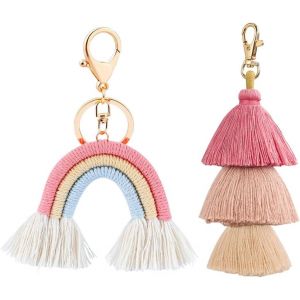 KAL-2 Pi&egrave;ces/Set Porte-Cl&eacute;s Arc-En-Ciel, Pendentif Avec Gland, Porte-Cl&eacute;s, Tissage, Pour R&eacute;troviseur De Voiture, Chambre De Fille, Chambre D'Enfant, D&eacute;coration De Sac &Agrave; Dos (Arc-En-Ciel) - Neuf