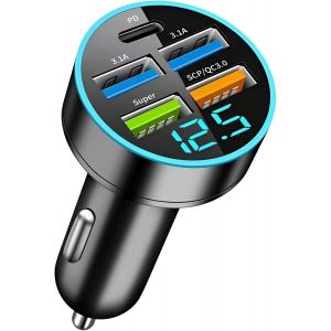 Senior-Chargeur De Voiture Double Usb 66w/3.1a, 5 Ports Allume Cigare Usb Pr Chargeur Telephone Voiture Rapide Qc3.0 Avec Led Voltmètre Compatible Avec Phone Samsung Xiaomi Android Type-C[L50] - Neuf