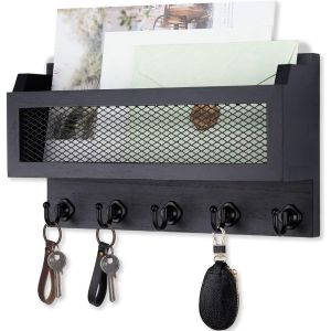 Cauc-Porte-Lettres Et Cl&eacute;s Pour D&eacute;coration Murale, Organiseur De Cl&eacute;s Mural En Bois De 27,9 Cm Avec 5 Crochets Pour Cl&eacute;s, &Eacute;tag&egrave;re De Rangement Murale Pour Entr&eacute;e, Couloir (Noir) - Neuf