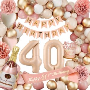 Decoration Anniversaire 40 Ans Femme,Ballon 40,Deco 40 Ans,Happy Birthday Decoration,Ballons Roses Rétro 40e Avec Banderole Joyeux Anniversaire Pour Décoration De Fête Pour Femmes - Neuf