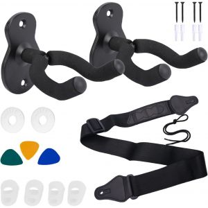 ChenQuanSarl-20 Pi&egrave;ces Support Guitare Mural En M&eacute;tal(Vis Et Chevilles) Set, R&eacute;glable Sangle De Guitare Pour, Protecteurs De Bout Du Doigt Et M&eacute;diators Pour Guitare Pour Electrique Basse(Noir) - Neuf