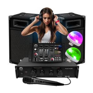 Kit Complet SONO 300W Bm Sonic BMS-DJ300 Initiation DJ Enceintes Ampli Table de Mixage Bluetooth USB, Micro, 2 Mini Lumières LED - Neuf