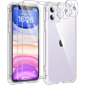 5 En 1 Coque Pour Iphone 11 Avec 2 Verre Tremp&eacute; Et 2 Cam&eacute;ra Protecteur, &Eacute;tui De Protection Antichoc Avec Coussin D'Air Int&eacute;gr&eacute; Mince Bumper Housse - Transparente - Neuf