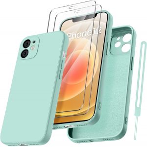 Trahoo-Coque Protection Caméra Pour Iphone 12 Avec 2 Pièces Verre Trempé, Housse De Protection Silicone Antichoc Doublure Microfibre Douce Ultra Fine Coque Iphone 12 6.1"" - Vert Menthe - Neuf