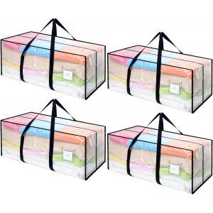Lot de 4 sacs de rangement robustes de 120 l-Boîtes de déménagement transparentes-Avec poignée zippée-Pliable-Boîte de rangement pour déménagement,camping,linge de lit,vêtements - Neuf