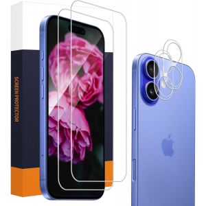 Kal-Lot De 2 + 2 Films De Protection D'&eacute;cran En Verre Blind&eacute; Pour Iphone 16 5g Duret&eacute; 9h Anti-Rayures + Film De Protection Pour Appareil Photo Bord Rond 2,5d Qualit&eacute; Hd 0,33 Mm Sans Bulles Film - Neuf