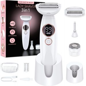 Rasoir Electrique Femme,3-In-1 Tondeuse Femme Intime,Epilateur Visage Femme Avec Affichage Led De Batterie,Sec Et Humide Ipx7,Pour Bikini,Aisselles,Jambes,Nez,Autonomie 120min,Station De Charge Usb C - Neuf