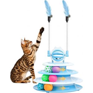Letnerny-Jouet Pour Chat 3 En 1,Jouet Pour Chat Interactif Avec 2 Plumes& Balle D'exercice,Teaser Amusant Pour Chatons (Bleu) - Neuf