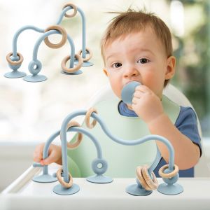 Jouets de Dentition avec Ventouses pour Bebe, Grignoteuse B&eacute;b&eacute; Sans BPA pour Les de 3 6 9 Mois, Montessori Silicone Jouets avec Anneau en Bois pour Naissance Garcon Fille Cadeau (Beige) - Neuf