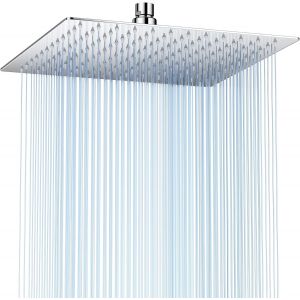 JGD-Pommeau de Douche Carr&eacute; 20&times;20 cm Effet Pluie en Acier Inoxydable, T&ecirc;te de Douche SPA Haute Pression Anti-Calcaire avec Picots en Silicone, Grand Jet Relaxant pour Salle de Bain Moderne - Neuf