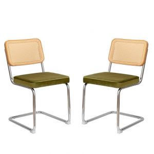 W5318P426187, ensemble de deux chaises &agrave; manger avec finition en tissu de velours et pieds chrom&eacute;s.Cette chaise moderne, con&ccedil;ue par Braun, offre un confort optimal gr&acirc;ce &agrave; des coussins doux et - Neuf