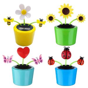 4pcs abeille dansante &agrave; &eacute;nergie solaire et jouets de tournesol,danseur &agrave; t&ecirc;te branlante anim&eacute; pour la maison,le bureau et la voiture - Neuf