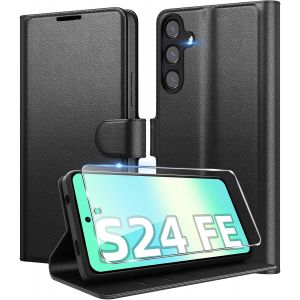 JGD-Coque pour Samsung Galaxy S24 FE en Premium Cuir PU, Portefeuille Housse Etui pour Cartes Protection Anti-Choc Flip Case avec 1 Verre Tremp&eacute; Noir - Neuf