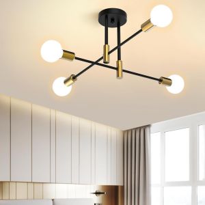 KAL-Luminaire Plafonnier, 4 Lumières Lustre Sputnik, Luminaires Intérieur Vintage Pour Salon Chambre Cuisine Salle À Manger Bar Café, Noir Et Or - Neuf