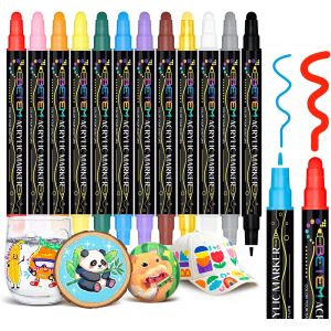 12 Couleurs Feutre Acrylique &Agrave; Double Pointe, Stylo Marqueur Peinture Acrylique Pour Bois, Toile, Pierre, Tissu, Peinture Sur Roche, Verre, Surfaces En C&eacute;ramique, Objets Artisanaux Diy - Neuf