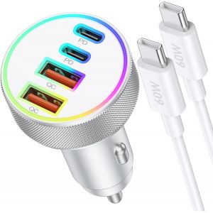 Eryi-90w Chargeur Allume Cigare Usb C, 4 Port Double 45w+45w Usb-C/A Adaptateur Voiture Prise 12v Rapide Avec 1m Câble Pour Iphone 16 15 Pro Max Plus/16e, Samsung Galaxy S25 S24 S23 S22 Ultra, Pixel - Neuf
