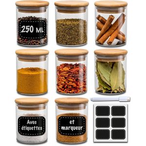 Cmws-Pots &Agrave; &Eacute;pices En Verre Avec Couvercles - 8 Pots X 250 Ml - R&eacute;cipients Pour &Eacute;pices De Cuisine - Herm&eacute;tique - Avec &Eacute;tiquettes - Lavable Au Lave-Vaisselle - &Eacute;pices, Herbes Et Th&eacute; - Neuf