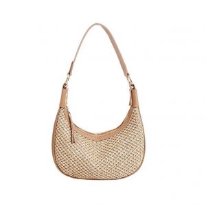 Sac bandouliere de plage en paille pour femme, petit cabas mignon en forme de croissant, mini pochette, sac a main de vacances a porter sous le bras, sac d'ete en paille. Ref. : 4064 - Neuf