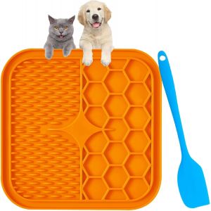Tapis De Léchage 15x15cm Sans Bpa Tapis De Lèche Chien Avec 1 Spatule En Silicone Lent Distributeur Chien De Bain Pour Animaux Toilettage L'entraînement Orange - Neuf