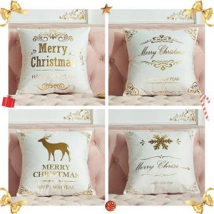 Lot de 4 housses de coussin de Noël, taies d'oreiller décoratives en or blanc, pour décoration intérieure, voitures, canapés, 45 x 45 cm - Neuf