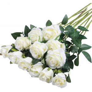 12 Pièces Rose Artificielle,52 cm Fleurs Artificielles Deco,Rose Eternelle,Réalistes Fleur Sechees Decoration,Decoration Voiture Mariage,pour Mariage,Maison,Bouquets de Mariée (Blanc) - Neuf