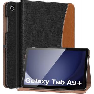 Coque pour Samsung Galaxy Tab A9 Plus 11 Pouces 2023 (SM-X210/SM-X216/SM-X218), Multi-Angles ?tui en Cuir PU avec Dragonne, Poche Avant, Auto R&iquest;&iquest;veil/Sommeil, Denim Noir & Brun - Neuf