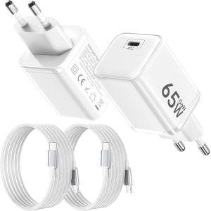 2PCS Chargeur USB C 65W, Charge Rapide PD3.0 PPS, GaN II avec C&acirc;ble Tress&eacute; 2M, Compatible pour MacBook Pro/Air, pour Samsung Galaxy S25/S24/S23, pour iPhone 17/16/15(Blanc) - Neuf
