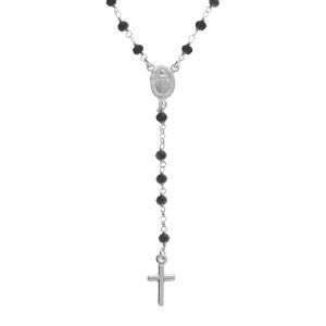 Collier Argent Rhodi&eacute; Chapelet Boules Facet&eacute;es Spinelle Noires 45+5cm - Neuf